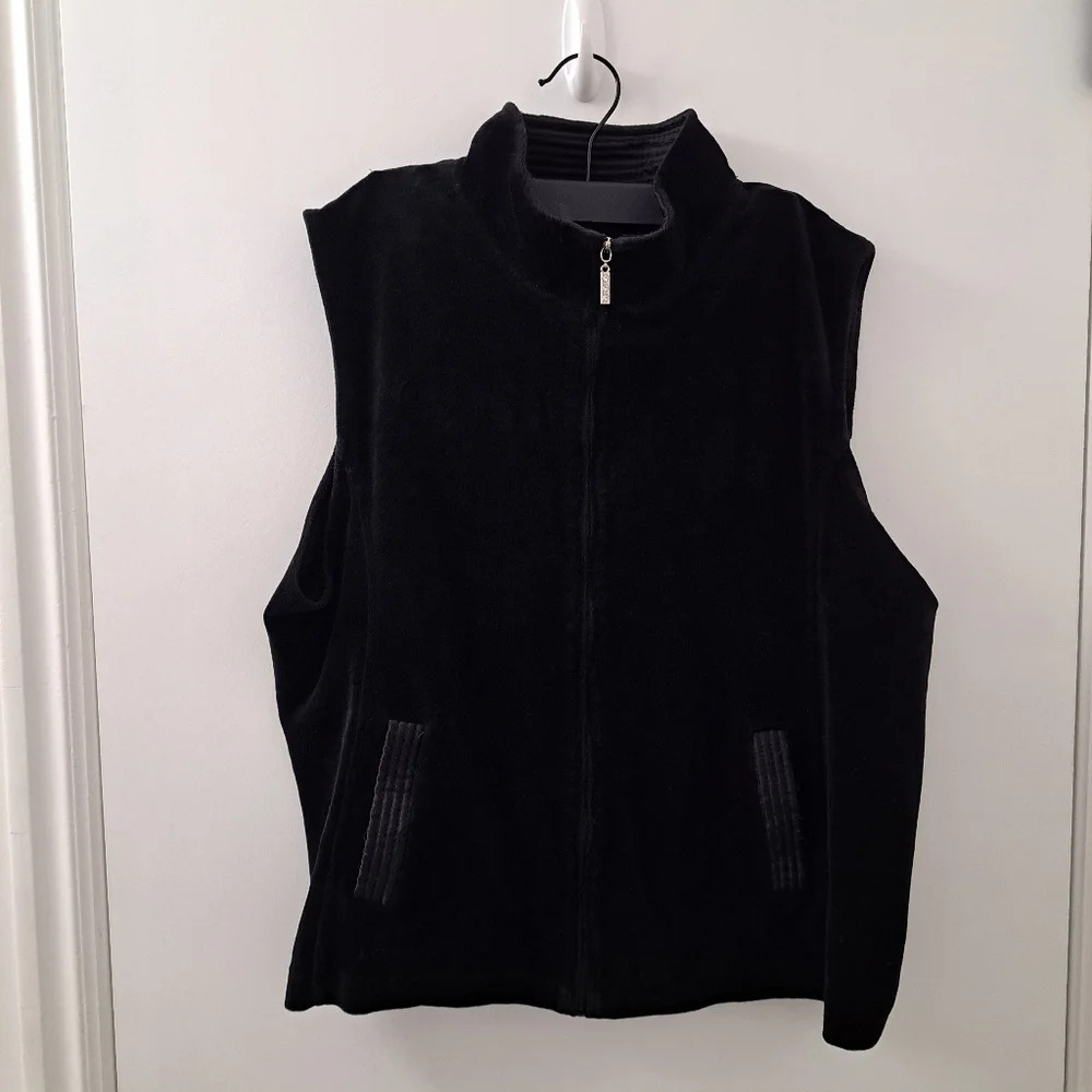 Vintage Y2K Black Velour Velveteen Zip Up Sleeveless Shirt‎ Top Vest Size Large